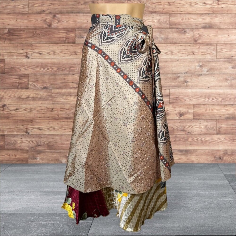 Boho Wrap Skirt Double Layer Sari One Size Multi Wear 36 Travel Festival Hippie - Picture 2 of 6